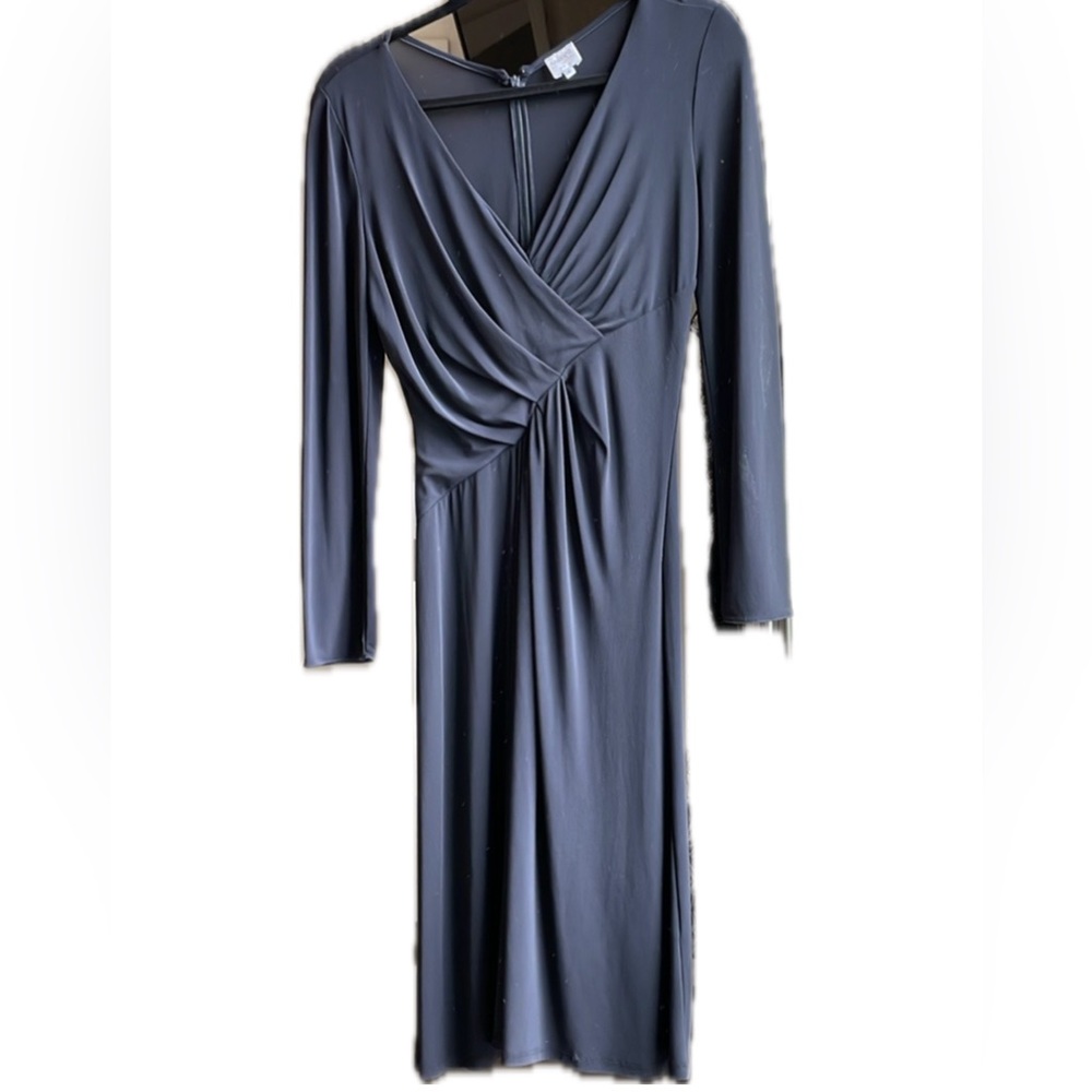 You will be Party Ready in this Armani Black with a ruched V-neck Dress.